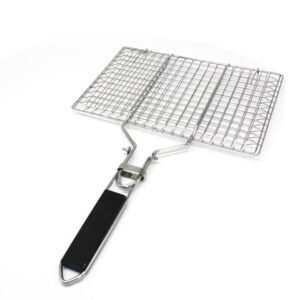 The premium stainless steel fish grill basket features large grilling space with wooden folded handle