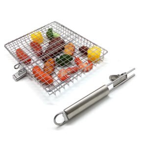 Amazon hot-sale bbq grill basket is made of premium 304 stainless steel with heavy duty stainlee handle grip, also there has a bottle opener on the handle.