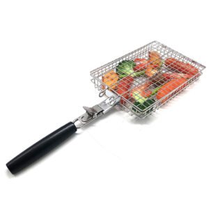 The premium grilling basket is designed in 9.65"x6.69"x1.57", made of premium grade stainless steel with wooden detachable handle in black