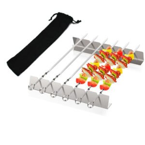 The barbecue skewers rack set comes with 2 pcs of skewers holders, 6 pcs of skewers and a storage bag, portable and saving storage space
