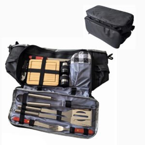 This BBQ tool set includes 11 piece bbq tools to meet all the bbq and outdoor camofing cooking needs, which are packed in a cooler bag, features portable and easy to use.