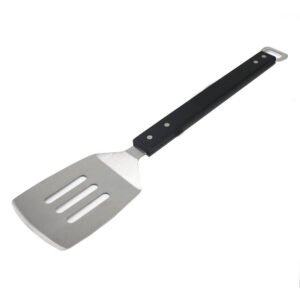 The stainless steel spatula is designed with slots on the blade, 10.63"long wood grip handle with bottle opener