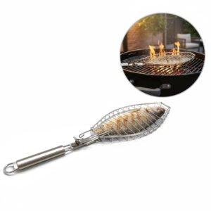 Versatile 3D stainless steel grill basket with detachable handle, perfect for grilling whole fish, vegetables, and meats.