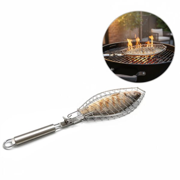 Versatile 3D stainless steel grill basket with detachable handle, perfect for grilling whole fish, vegetables, and meats.
