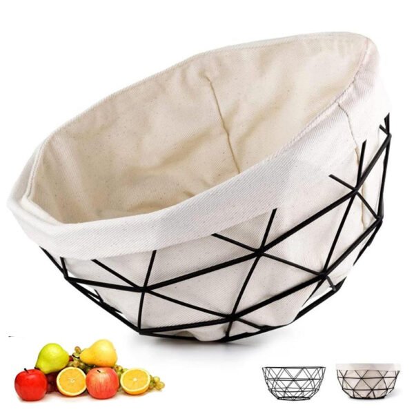 The fruit bowl is designed in wave shape in black, large capacity for kitchen food storage. A basket comes with a cotton bag, suits for all kinds of fruits and veggies.