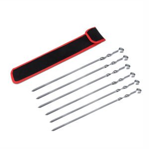Set of stainless steel flat grilling skewers housed with a storage bag, includes 6 pcs of grilling sticks for vegetable kebabs, actively grilling over hot coals in an outdoor BBQ setting. Highlighted are the twisted handles and sturdy design.