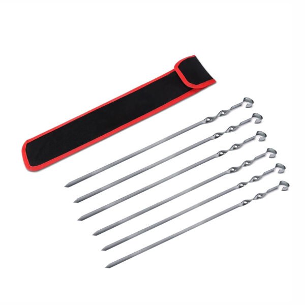 Set of stainless steel flat grilling skewers housed with a storage bag, includes 6 pcs of grilling sticks for vegetable kebabs, actively grilling over hot coals in an outdoor BBQ setting. Highlighted are the twisted handles and sturdy design.
