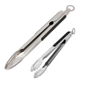 The stainless steel food tongs is designed with locking mechanism and plastic non-slip handle grip. Come with a bottle opener on the top, makes it a multifunctional kitchen food serving utensils