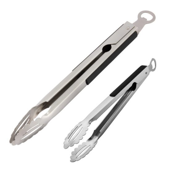 The stainless steel food tongs is designed with locking mechanism and plastic non-slip handle grip. Come with a bottle opener on the top, makes it a multifunctional kitchen food serving utensils