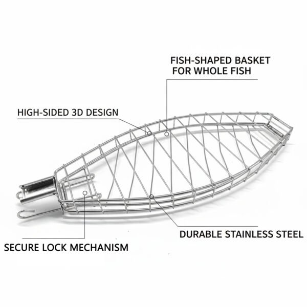 Premium Stainless Steel 3D Fish Grill Basket | Detachable Handle - Image 3