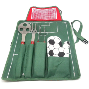 The BBQ Tools Set is includes one football shape spatula, one football shape fork and one for grilling and one football shape tongs, a grill glove, housed in an football playground apron, used for outdoor barbecue grilling and camping cooking. An esstensils outdoor tools kit for bbq lovers and football game lovers
