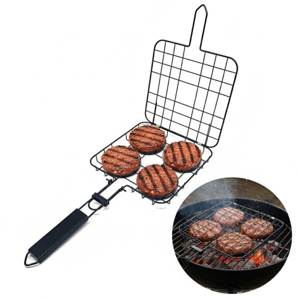 The food grade non-stick burger grilling basket designs to grill 4 meat balls, serves 4 people comfortablely at a time. Folding and portable with wooden handle grip