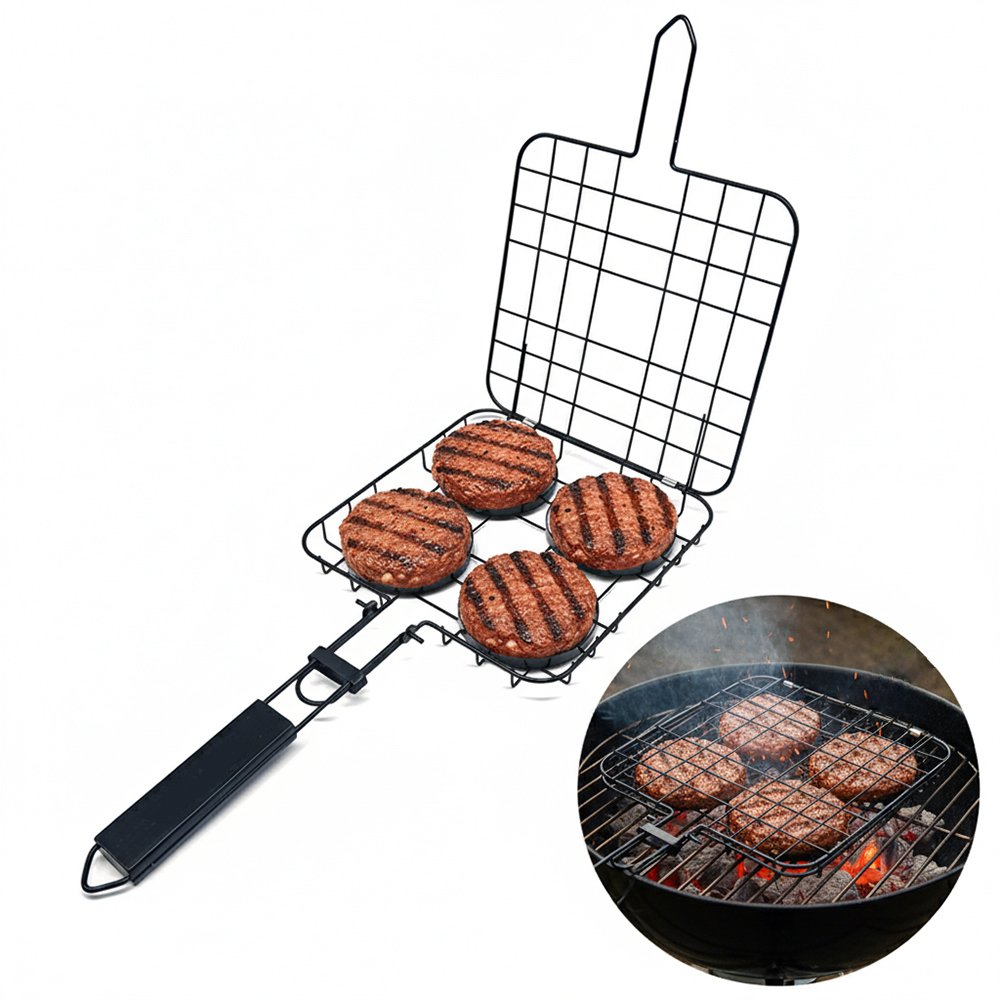 The food grade non-stick burger grilling basket designs to grill 4 meat balls, serves 4 people comfortablely at a time. Folding and portable with wooden handle grip