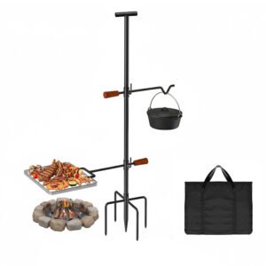 Complete outdoor campfire grill kit showing a sturdy steel stand with adjustable cooking grate and a pot hanger, alongside a portable carrying bag on a white background. Highlights versatility and easy transport. Compact design for outdoor ativities.