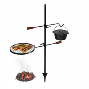 The campfire grill rack designs in a round mesh and 34" large grilling surface, includes a wire mesh and a kettle lifter for outdoor cooking.