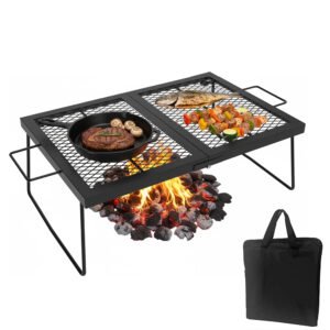 This compact, heavy-duty foldable campfire grill grate for outdoor cooking, shown with its portable design and robust construction. Highlights ease of transport for camping, picnics, and backyard barbecues. Manufacturer direct supply for bulk orders.