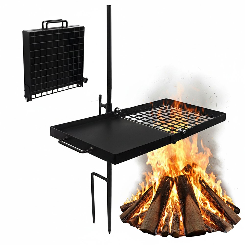 The campfire grill rack designs in large grilling surface, includes meash for grill and a griddle tray for cooking.