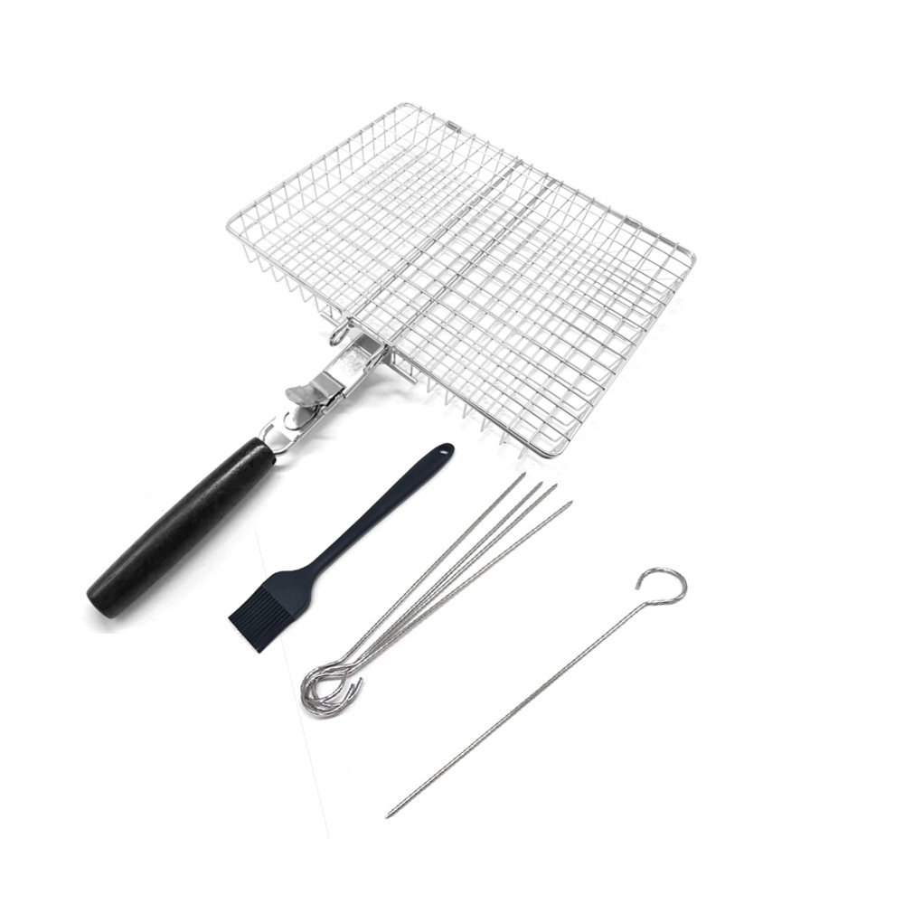 Complete BBQ Grill Basket Set featuring a rectangular large capacity stainless steel grill basket, a silicone basting brush, and five stainless steel skewers. An perfect and professional grilling tools set for outdoor barbecue.