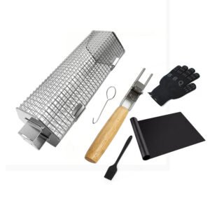 The grilling basket set includes a hexangon rolling grilling basket, a silicone basting brush, a non-stick grill mat, a grill glove and a hook which used for opening the hexangon grill. An essential grilling set for the all common grills/ smokers/outdoor campfire pit