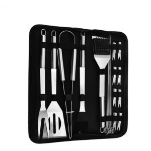 The 20 pcs bbq tools kit includes a spatula, a tongs, a cleaning brush, a fork , a basting brush, 8 corn cob holders and 7 skewers, housed into a carry bag, a must-have outdoor cooking grilling set