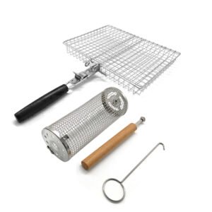 This grilling basket set comes with 1 rolling grilling basket, a rectangular grill basket 2 woodden handle grips and a hook which used for opening the rolling grill. An essential grilling set meets all the needs at the grills and smokers