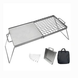 This compact & heavy-duty foldable camping grill set for outdoor cooking, shown with its portable design and robust construction. Highlights ease of transport for camping, picnics, and backyard barbecues. Includes 6 skewers and housed into a black carry bag. Manufacturer direct supply for bulk orders.