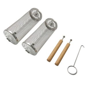 Set of 2 Portable Stainless Steel Rolling BBQ Grill Cages with Wooden Handles, Mesh Cylinder Basket for Grilling Shrimp, Vegetables, and Small Foods.