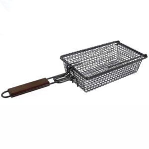 Large and deep black Wire Mesh Grilling Basket with Wooden Handle for Vegetables and Seafood