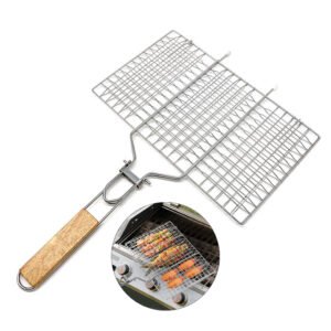 Stainless steel BBQ grill basket with foldable wooden handle in black.