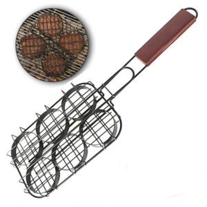 The non-stick grill basket designs to grill 6 meat balls for burgers, serves 3-4 people comfortablely at a time. Light-weight and portable with wooden handle grip to keep hands safe.