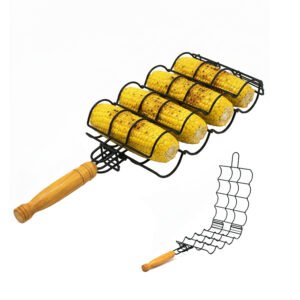 Wholesale corn grilling basket with wooden handle and non-stick coating for BBQ restaurants and retailers - bulk orders available