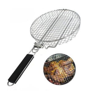 This grill basket is designed a deep round shape for grilling chicken and veggies, ensure large grilling space and folded wooden handle in black.