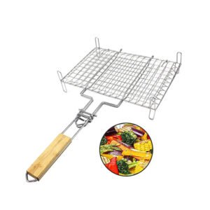 Stainless steel BBQ grill basket with wooden handle and grilled vegetables for wholesale commercial catering