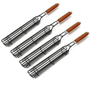 Wholesale non-stick black kabob grilling baskets set of 4 with wooden handle for commercial BBQ accessories supplier.
