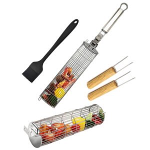 The Premium barbecue Rolling Baskets with detachable handle for Grilling Meat, Vegetable. Includes a silicone basting brush and 2 corn holder fork as a grilling set.