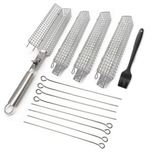 The Wholesale stainless steel kabob grilling basket set of 4 with detachable steel handle grip for commercial BBQ accessories supplier, compacts with 1 handle, a silicone basting brush and 8 steel grilling sticks. A high-margin grilling set for outdoor cooking tools retails.