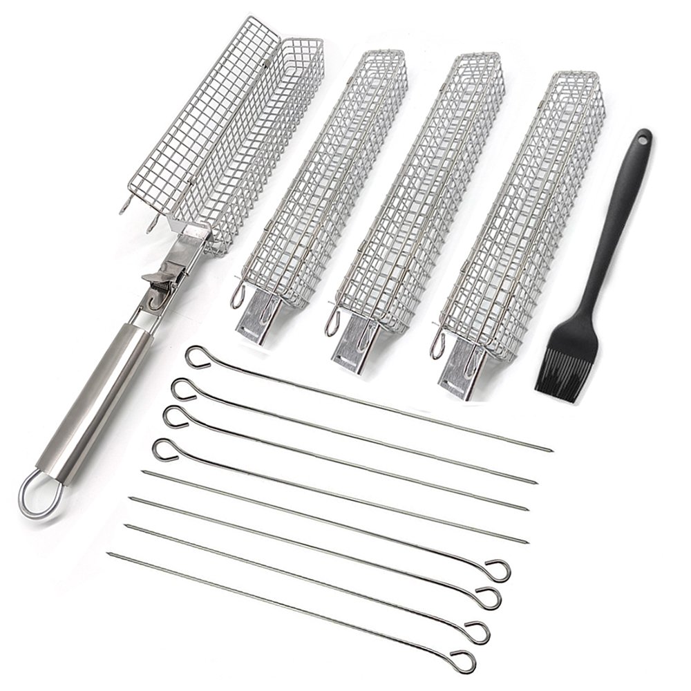 The Wholesale stainless steel kabob grilling basket set of 4 with detachable steel handle grip for commercial BBQ accessories supplier, compacts with 1 handle, a silicone basting brush and 8 steel grilling sticks. A high-margin grilling set for outdoor cooking tools retails.