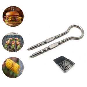 Commercial stainless steel double-prong grill skewers set with portable metal tin case for restaurants and catering - prevents food spinning on BBQ grill