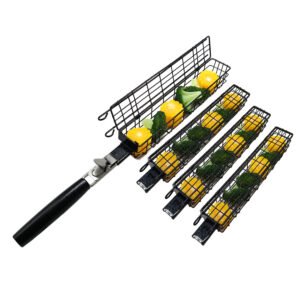 Wholesale non-stick black kabob grilling baskets set of 4 with detachable wooden handle for commercial BBQ accessories supplier.