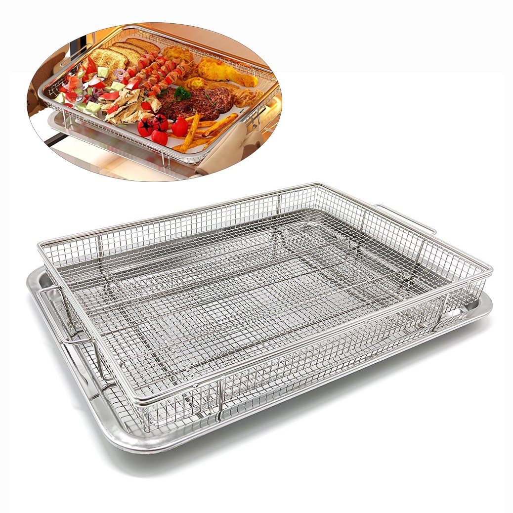 Stainless steel oven air fryer basket with drip tray, wire mesh crisper basket set for oven cooking