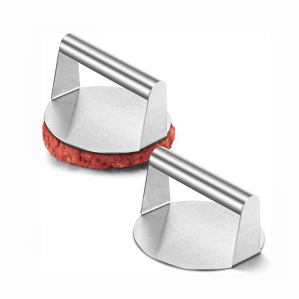 This round burger smasher is made from premium food grade 430 stainless steel for kitchen cooking and outdoor grilling