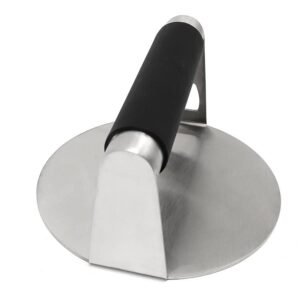 This round shape stainless steel hamburger smasher is made from 430 stainless steel with silicone handle grip cover.