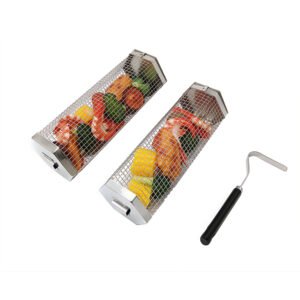 2 Pack BBQ rolling baskets with detachable PP handle grip, hexagonal design, factory wholesale grilling accessories. Ideal for outdoor camping and cooking.