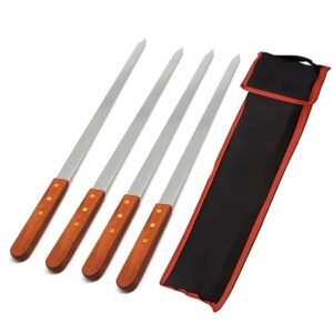 4 Pack Kebab skewers kit, made from 430 stainless steel with wood grip, packaged with storage bag.