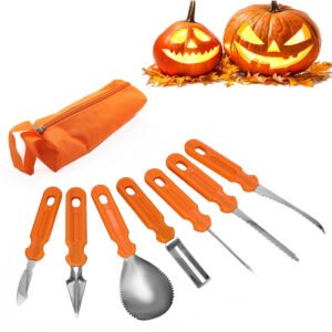 7-piece pumpkin carving kit with orange PP handle grip including scoop, detail knives, serrated saw and etching tool, displayed with orange storage bag.