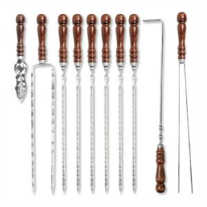 This 10-pack Shashlik BBQ skewers kit is crafted by premium stainless steel with wooden handle, covers to get everything at once need for outdoor barbecue and camping cooking.