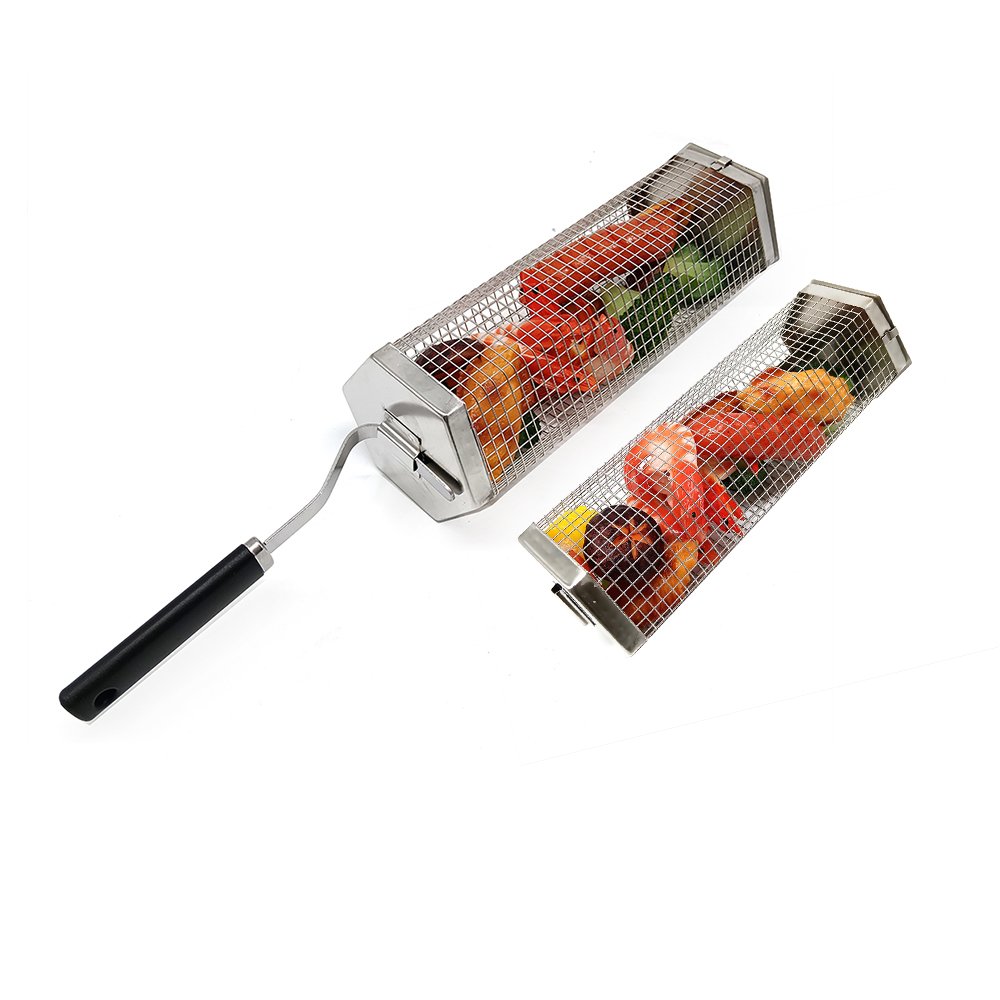 Set of 2 hexagonal BBQ rolling baskets with hook handle, factory wholesale grilling accessories