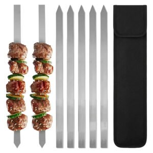 This premium kebab skewer is designed flat and wide, without handle grip, packged into a black storage bag.