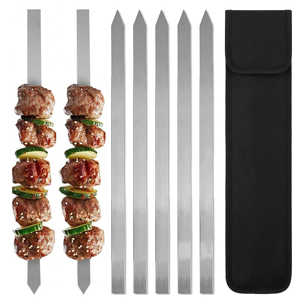 This premium kebab skewer is designed flat and wide, without handle grip, packged into a black storage bag.