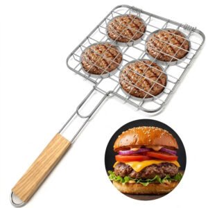 The stainless steel grill basket designs to grill 4 meat balls for hamburger, Serves 2-4 people comfortablely at a time. Design with long wooden handle for easy holding when grilling.